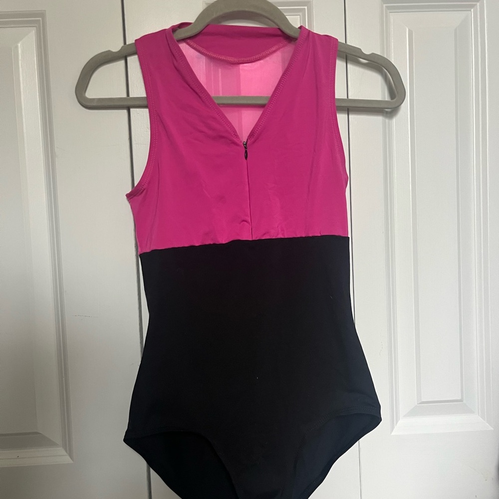 Pink and Black mesh racerback leotard. Size M